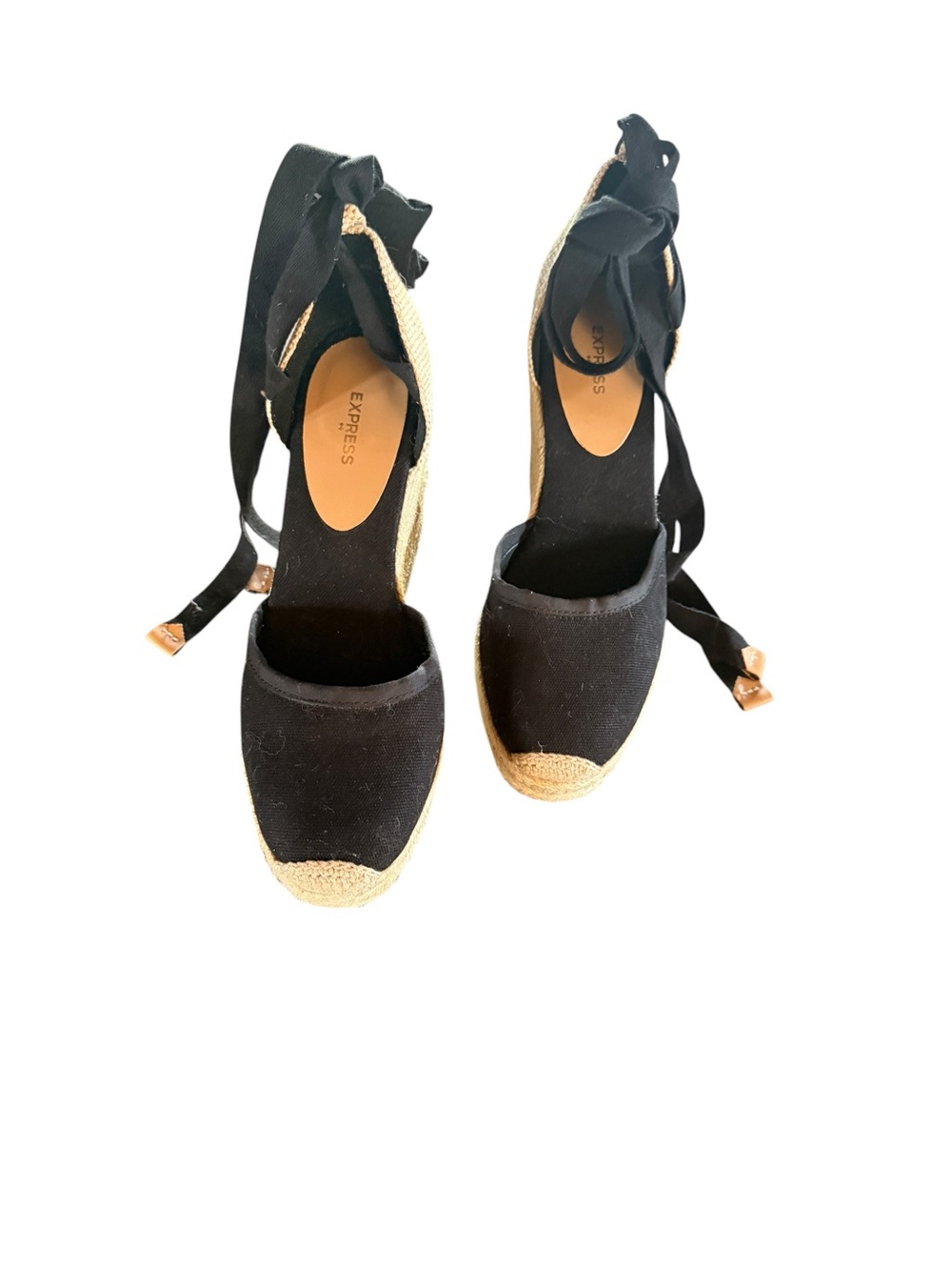 Express Black Espadrille Wedges with Tie-Up Ribbons